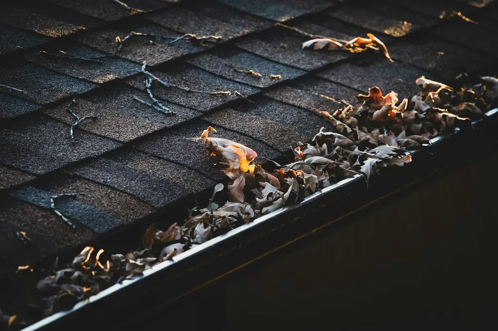 A house gutter blocked with dry leaves along the edge of a tiled roof
